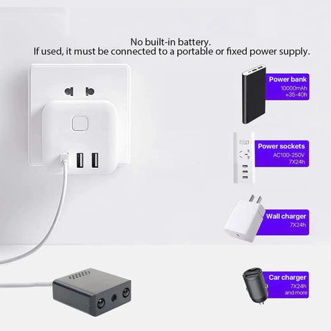 Ultra Small 1080P WiFi Security Cam for Indoor And Outdoor Use Hidden Tiny Surveillance Cam with power source options shown