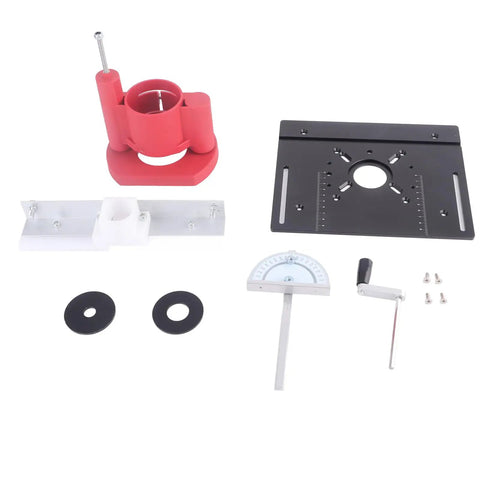Heavy Duty Router Lift Kit With Smooth Turning Crank Handle And Rust Resistant Aluminum Base Plate For Precision Woodworking and Table Saw Inserts, parts laid on white surface.