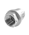 Stainless steel 3/4 in NPT spring check valve, inline one-way water valve, angled side view