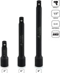 Half Inch Drive Impact Extension Bar Set Tough CrV Steel Three Piece Kit with 3 Inch 6 Inch and 8 Inch Extensions standing upright.
