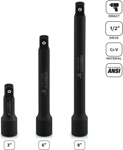 Half Inch Drive Impact Extension Bar Set Tough CrV Steel Three Piece Kit with 3 Inch 6 Inch and 8 Inch Extensions standing upright.