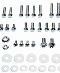 52 Piece Metric Hardware Kit For Motorcycles And ATVs Grade 8.8 Steel Zinc Plated Durability OE Style Replacement Fasteners Compact Toolbox Or Saddle Bag Essential For On The Go Repairs. Assorted bolts, nuts, and washers on white