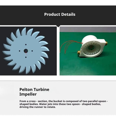 High Efficiency Micro Hydroelectric Generator Kit Pelton Impulse Turbine impeller and alternator components on green surface
