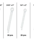 144 Piece Cotter Pin Set With 6 Popular Sizes Spring Steel Zinc Plated For Rust Resistance In A Clear PP Storage Case With Size Chart Swordfish 31100 Kit displayed with size chart.