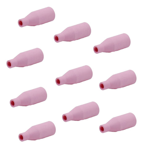 Ceramic Nozzle Set for MB15 and 15AK MIG Welding Torch, Gasless Flux Core Ready, 10 Pack, pink nozzles in scattered layout