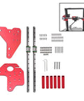Dual Z Axis MGN12 Linear Rail Guide Kit With Fix Plate Mount Bracket For 3D Printer Upgrades Boost Z Axis Accuracy Reduce Layer Distortion Aluminum Fix Plate With Red Anodized Finish Includes 2X 318mm Rails displayed with components.