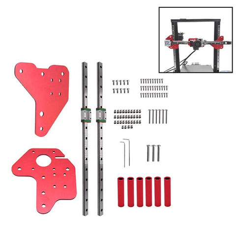 Dual Z Axis MGN12 Linear Rail Guide Kit With Fix Plate Mount Bracket For 3D Printer Upgrades Boost Z Axis Accuracy Reduce Layer Distortion Aluminum Fix Plate With Red Anodized Finish Includes 2X 318mm Rails displayed with components.