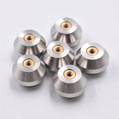 Waterjet nozzle orifice set, metal conical tips with brass center and purple hole, 7 pieces