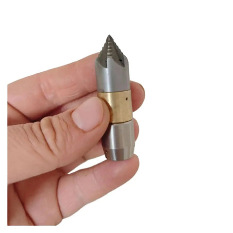 Stainless Steel Roots Cut Rotating Nozzle For Sewer Pipe Drain Cleaning, 30 LPM Flow, Multi Directional Water Outlets Sweep Inner Pipe Walls To Thoroughly Wash Away Debris And Break Up Blockages, hand-held close-up
