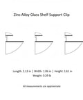 Diagram of Go-To Glass Shelf Support Clip in Silver Zinc Alloy Mounting Bracket with dimensions and weight details, shown from side angles.