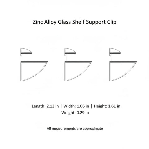 Diagram of Go-To Glass Shelf Support Clip in Silver Zinc Alloy Mounting Bracket with dimensions and weight details, shown from side angles.