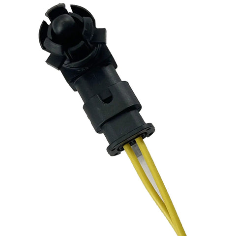 Straight Shot Ambient Air Temperature Sensor With Pigtail Wire Harness Direct Replacement For Cadillac Buick Gmc Trucks close-up view of connector and wires.