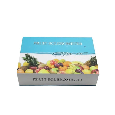 Ready To Roll Digital Fruit Hardness Tester Sclerometer Penetrometer Gauge packaging displaying colorful fruits.