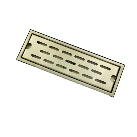 Brushed Gold Linear Shower Drain With No Sweat Hair Catcher For Bathroom Kitchen Or Toilet Durable Waste Grate viewed from above.