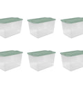 Six Pack Sage Green Storage Bins 66 Quart Clear Stackable Plastic Containers With No Sweat Snap Lock Design, arranged in a neat row.