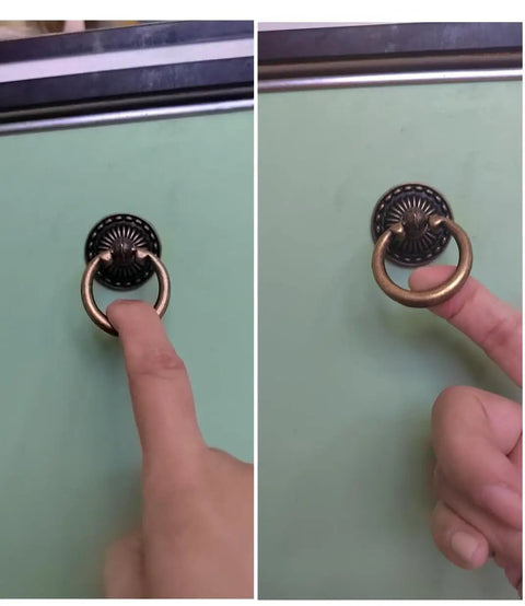 Person pulls installed Antique Bronze Ring Pull Knob Set For Cabinets And Dressers, Vintage Drawer Pulls With Screws, Retro Hardware For Furniture Makeover
