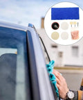 Easy Glass Fix Kit 9 Piece Set with cerium oxide powder, polishing pads, felt wheel, used on a car windshield for scratch removal.