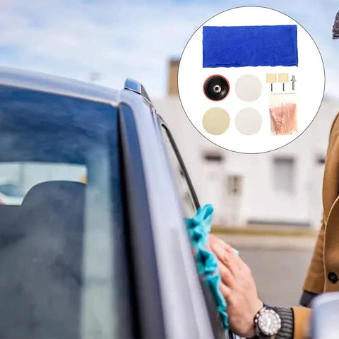 Easy Glass Fix Kit 9 Piece Set with cerium oxide powder, polishing pads, felt wheel, used on a car windshield for scratch removal.