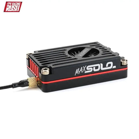 Rush Tank Max Solo 2.5W 5.8GHz FPV VTX with Active Cooling CNC Shell, shown from an angle highlighting fan and CNC design