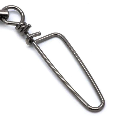 Close-up of 20 Pack Ball Bearing Fishing Snap Swivels For Saltwater And Freshwater Tackle, stainless steel snap clip detail
