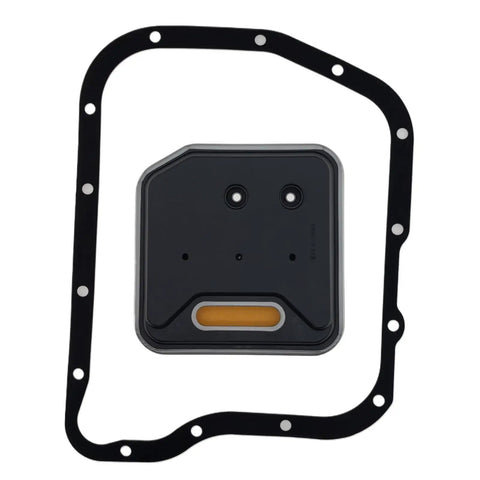 Drop-In Transmission Filter Kit For 14-Bolt RE Auto Transmissions, Includes Internal Pan Filter, Outer Perimeter Seal Gasket, And All-In-One Maintenance Components For Jeep And Dodge Compatibility. black transmission filter and gasket set