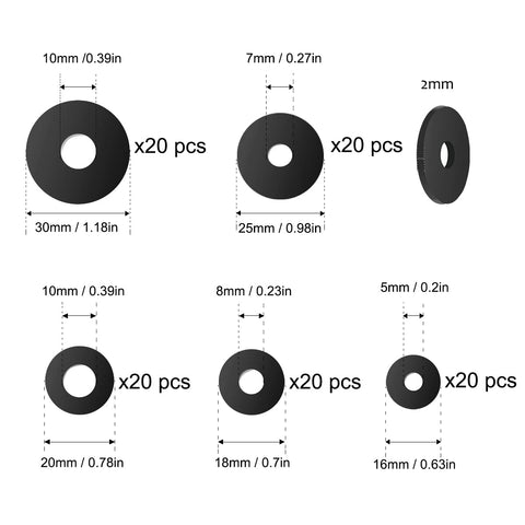 100 Pcs Black Flat Rubber Washers Kit With 5 Sizes 16 18 20 25 30mm Heavy Duty Vibration Damping Gaskets diagram with dimensions