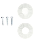 Two rubber grommets and three metal screws on a white background for mounting applications.