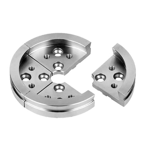 Built Tough Stainless Steel Wood Turning Lathe Chuck Featuring Killer Grip And Sweet Precision Clamping Jaws For Stress Free Woodworking And Quick Machine Tool Swaps Silver close-up of precision clamping jaws