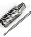 Front view of 2-piece Oscarbide annular cutter set: 1-1/4" dia cutter, 2" DOC, 3/4" Weldon shank with pilot bit.