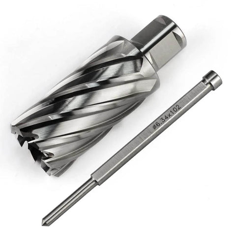 Front view of 2-piece Oscarbide annular cutter set: 1-1/4" dia cutter, 2" DOC, 3/4" Weldon shank with pilot bit.