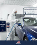 Automotive 2K clear coat kit with hardener; two cans, 1 gal and 1 qt, shown beside a worker applying clear coat to a blue car.