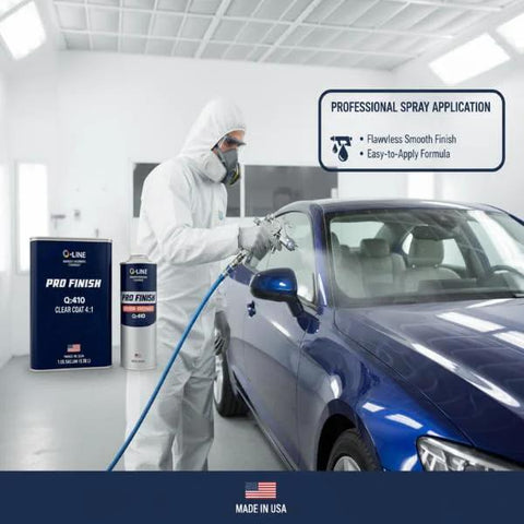 Automotive 2K clear coat kit with hardener; two cans, 1 gal and 1 qt, shown beside a worker applying clear coat to a blue car.