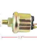 Side view of a 52mm oil pressure gauge unit with threaded shaft, hex nut, and electrical terminals