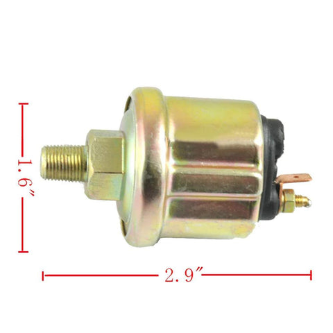 Side view of a 52mm oil pressure gauge unit with threaded shaft, hex nut, and electrical terminals