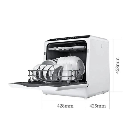 Fully Automatic Portable Countertop Dishwasher Crafted From Premium Stainless Steel Packs Led Control Panel Rapid Air Dry Cycle Easy Sink Hook Up And Six Place Settings For Knock Out Cleanup With Zero Hustle with dishes.
