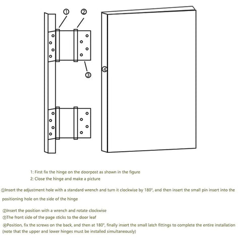 Diagram showing installation process of Stainless Steel Spring Hinge For Two Way Doors With Free Entry And Exit Double Sided Indoor And Outdoor Opening Automatic Rebound And Adjustable Closing Speed Easy Install Durable Auto Close Hardware.