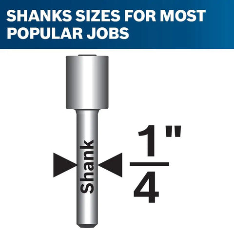 Diagram of 1/4 inch shank size from Six Piece One Quarter Inch Shank Carbide Tipped Router Bit Set With Storage Case For Straight Cuts