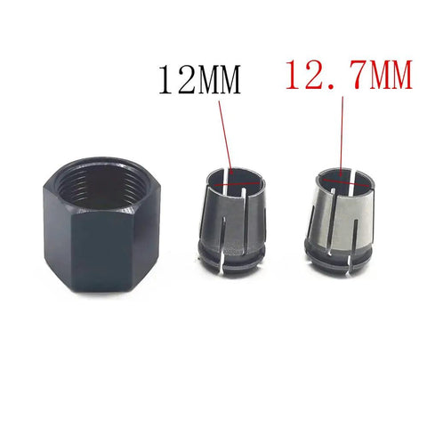 Router Collet Nut Replacement Kit For One Half Inch And 12mm Collets, includes nut, 12mm and 12.7mm collets visible
