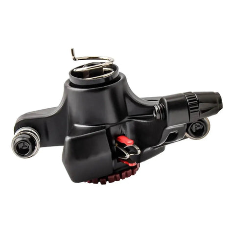 Sixteen Piece Dope Bicycle Disc Brake Caliper Springs Mechanical Return Arm Replacement Kit For Road And Mountain Bike Brakes Smooth As Butter Action, close-up of black caliper with spring.