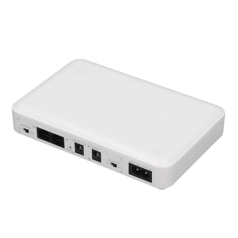 Mini Ups Battery Backup For WiFi Router And Modem 8000 Mah Uninterruptible Power Supply in white, showing back panel connections.