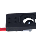 35mm hinge boring jig kit, black plastic body with red handle and circular drill guide