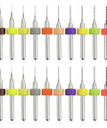 20 Pcs Tungsten Carbide Micro Drill Bits Set For PCB Work Shanks 0.1mm To 1.0mm (2 Each) displayed in two rows with colored rings