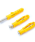 M8 Expansion Tube Wall Anchors Kit With Flat Countersunk Screws 50 Piece DIY Drywall Anchors Yellow Zinc Plated Carbon Steel Self Drilling No Sweat Install No Pre Drill Rust Resistant Heavy Duty Holds, three yellow anchors with screws