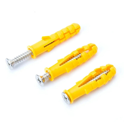 M8 Expansion Tube Wall Anchors Kit With Flat Countersunk Screws 50 Piece DIY Drywall Anchors Yellow Zinc Plated Carbon Steel Self Drilling No Sweat Install No Pre Drill Rust Resistant Heavy Duty Holds, three yellow anchors with screws
