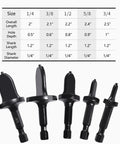 Five Piece Spin Flaring Tool Set for Soft Copper Tubing with Hex Shank Drill Bits Pro Grade HVAC Swaging Kit displayed with size chart