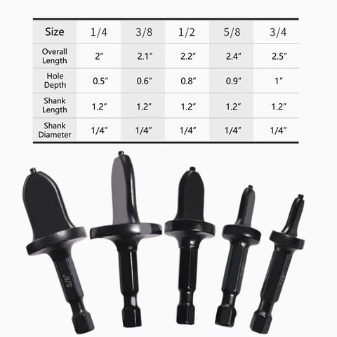 Five Piece Spin Flaring Tool Set for Soft Copper Tubing with Hex Shank Drill Bits Pro Grade HVAC Swaging Kit displayed with size chart