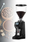 Kick Your Daily Brew Game Up With This Precision Flat Burr Coffee Grinder Featuring Lcd Interface And 19 Grind Settings For Barista Quality Extracts In Espresso Drip French Press Or Cold Brew showing a black electric burr grinder with coffee beans.