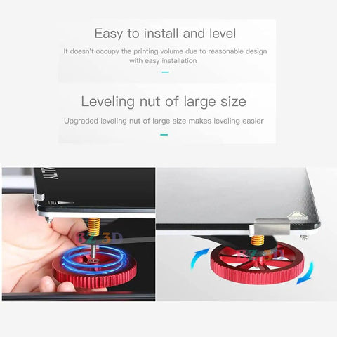 Ender 3 Upgrade Kit With Metal Leveling Nuts, shown with red aluminum nut installed on 3D printer bed, enhancing calibration