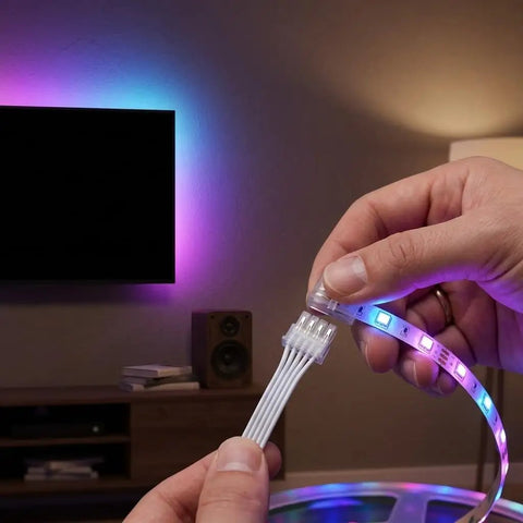 Close-up of No Sweat 2 54Mm Pitch Sm Connector Extension Cable Male To Female 22Awg Wire connecting to LED strip.