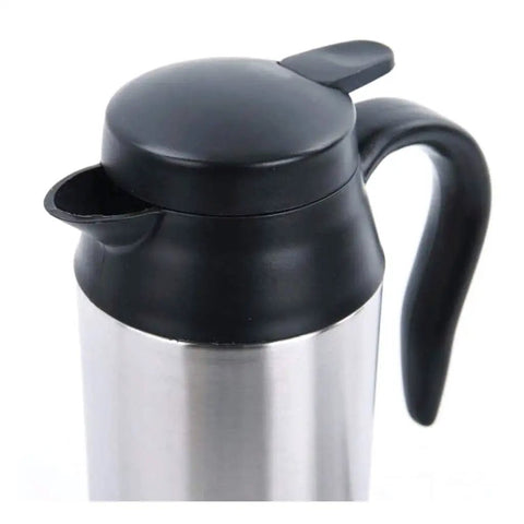 Grab And Go Smart Electric Heated Travel Coffee Mug With Rugged 304 Stainless Steel Keeps Your Daily Drip Hot On The Highway Featuring 750ML Size And 12V Car Plug For Lightning Fast Warmth While You Roll - Close-up of lid and handle.